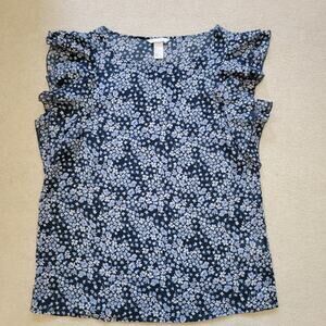 EUC H&M Size 6 Tiered Flutter Sleeve Pullover Chiffon Top Blouse Blue Floral